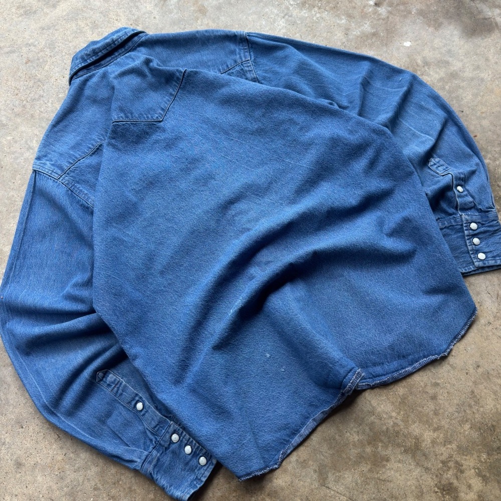 Vintage 90s Wrangler Denim Western Pearl Snap Shirt Workwear Blue Large (f1) - Picture 5 of 8